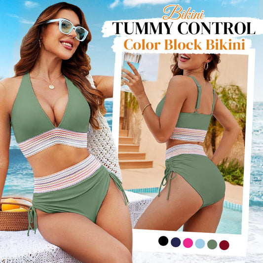 💃Vacation Sale 49% OFF💃High Waisted Tummy Control Color Block Bikini Set