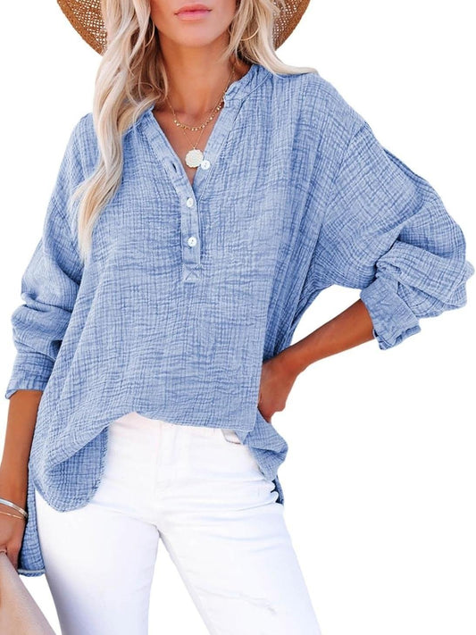 🔥This week's special price £13.99🔥Womens Casual Button V Neck Long Sleeve Shirts Oversized Solid Blouses Tops