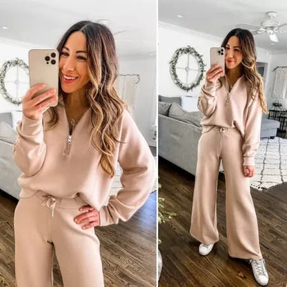 💝🔥Limited Time Sale-50% OFF🔥🎀Women's Oversized Half Zip Wide Leg 2 Piece Outfits Lounge Set