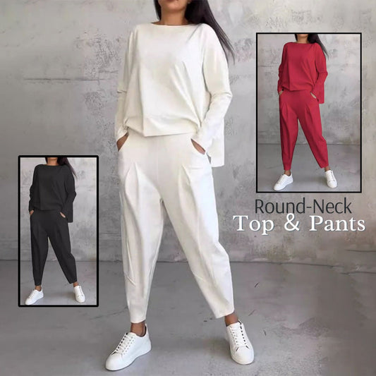 💥Limit Time 50% OFF 💕🤍Round-Neck Long-Sleeved Top ＆ Pants 2-Piece Set