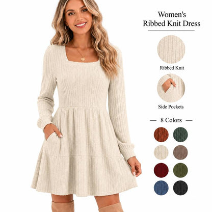 🍂🔥 LAST DAY SALE! Only £14.99!!! | Women's Square Neck Ribbed Knit Dress – Long Sleeve Babydoll Jumper Dress with Pockets ✨ Autumn Casual Fit UK 6-18