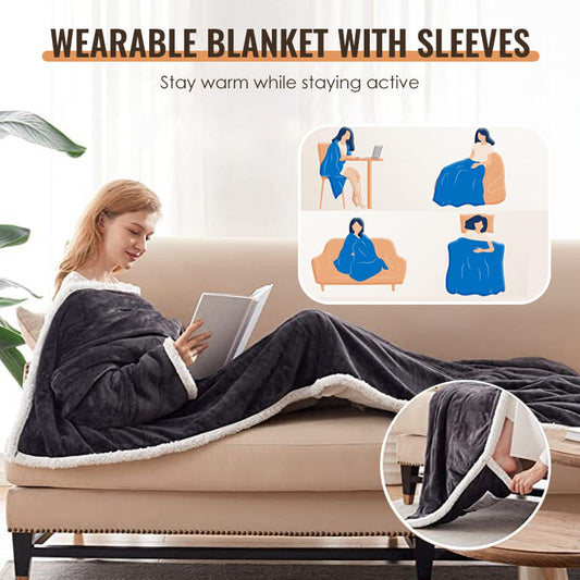 Flannel Wearable Heated Blanket with Sleeves