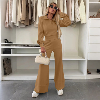 Women's Lapel Top and Wide-Leg Pants Set