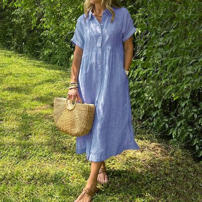 👗2026 Hot Sale🔥Striped Shirt Dress, Collar & Buttons | With Functional Pockets