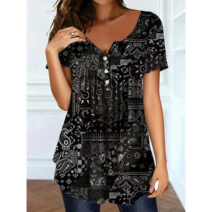 🌺Summer Hot Sale 50% OFF💐Plus Size Women V‑Neck Short‑Sleeve Top Paisley Print Pleated Loose Tunic, Flattering For Curvy Figures