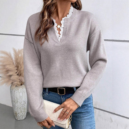 🌸Last day of the event——Hot Sale 50% OFF！！！💖Women's Mock Neck Lace Trim Knit Sweater
